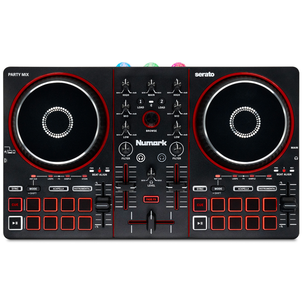 Numark PARTYMIXIII | Built-In LED Light Show | 2-Deck DJ Controller with Stems