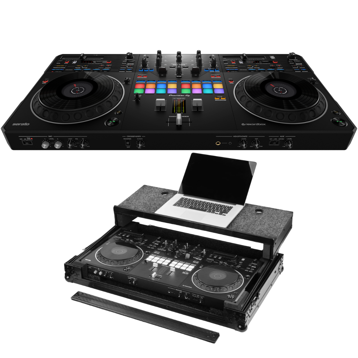 Pioneer DJ DDJ-REV5 with RCGS-DDJREV5WBL | 2-Channel Scratch DJ Controller with Stems | Wheeled Case with Laptop Platform