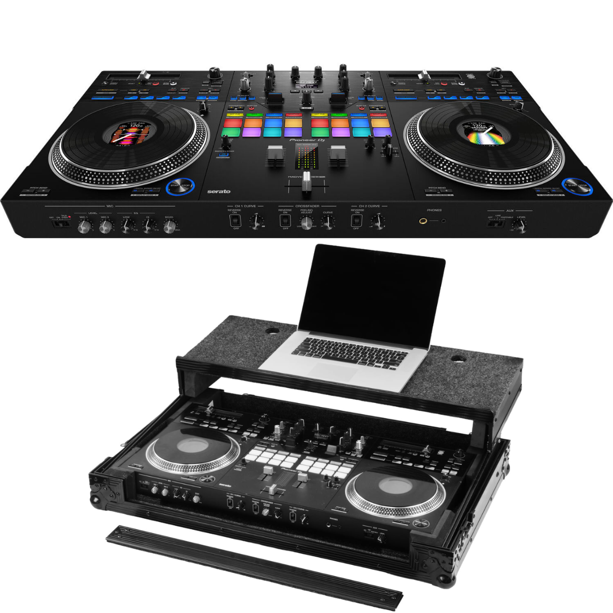 Pioneer DJ DDJ-REV7 with Odyssey Case | Motorized 2-Channel Scratch DJ Controller | Wheeled Case with Laptop Platform