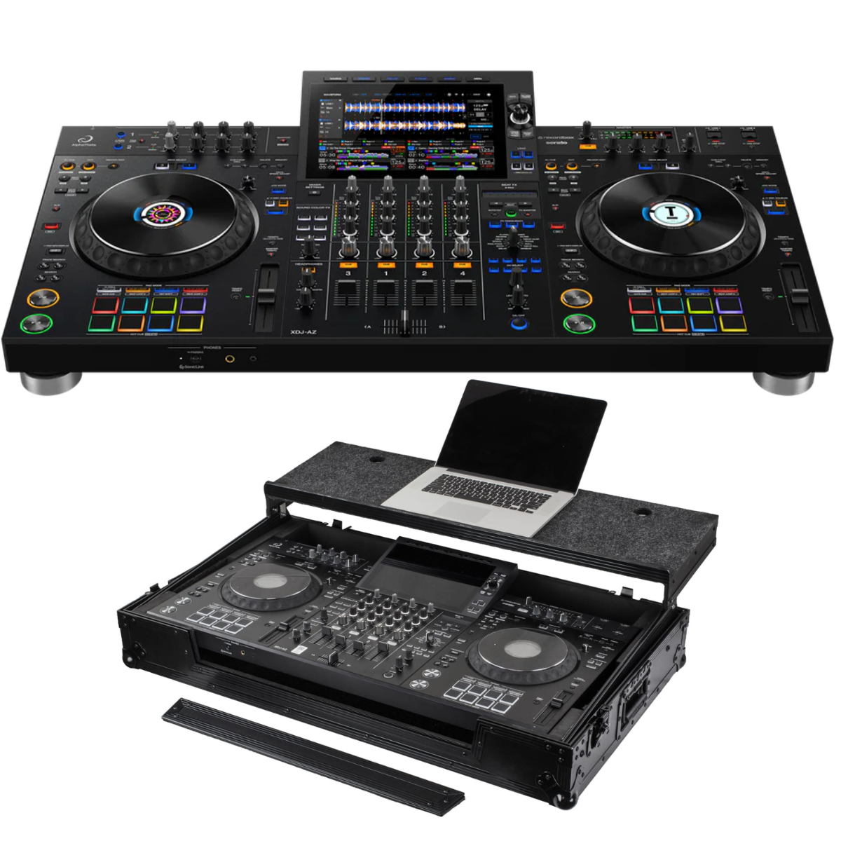 Pioneer DJ XDJ-AZ with RCGS-XDJAZWBL | 4-Deck All-In-One DJ System | Wheeled Case with Laptop Platform