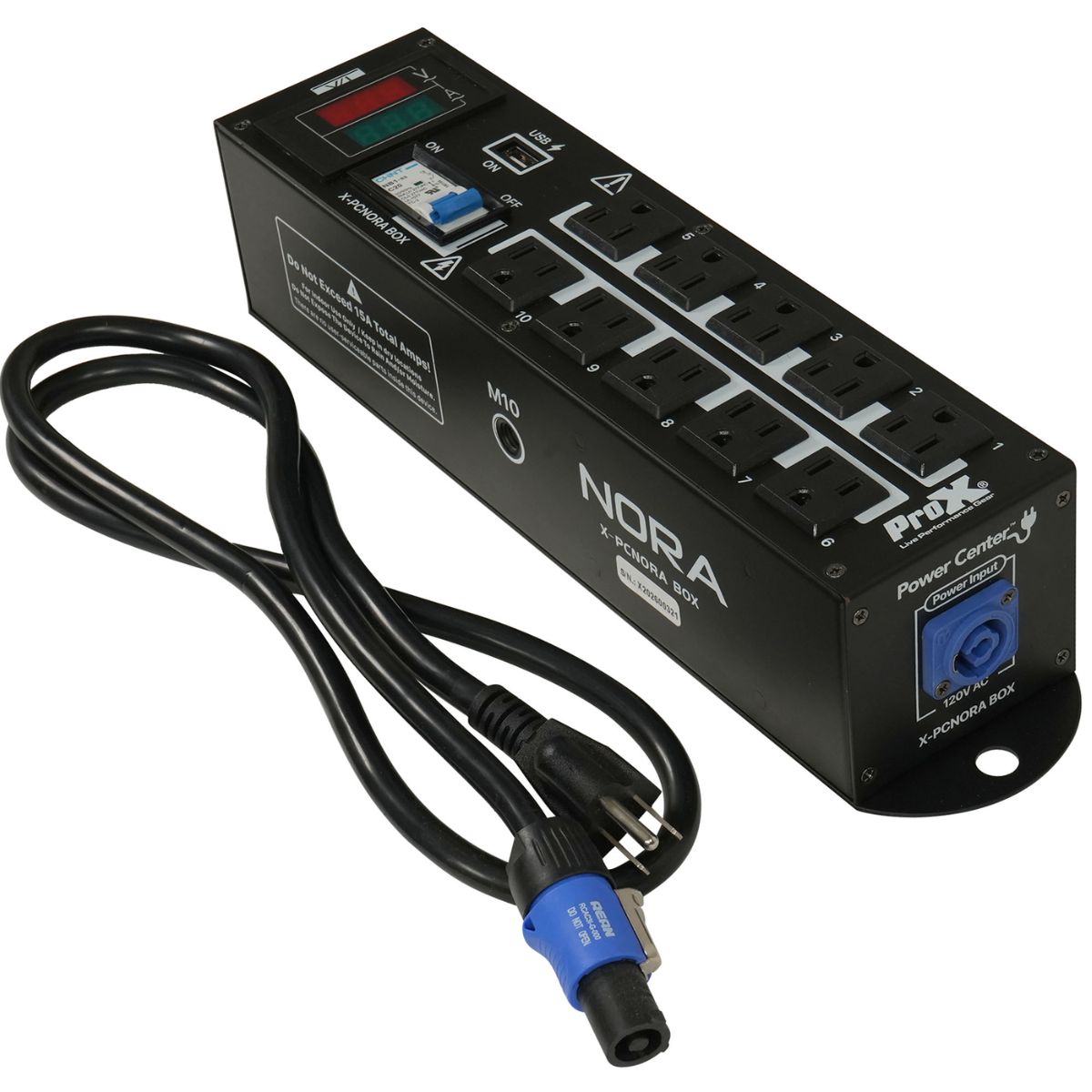 ProX X PCNORABOX | NORA 10-Outlet PowerCON to Edison Box | 20A Breaker, A/V Meter & Truss Mounting