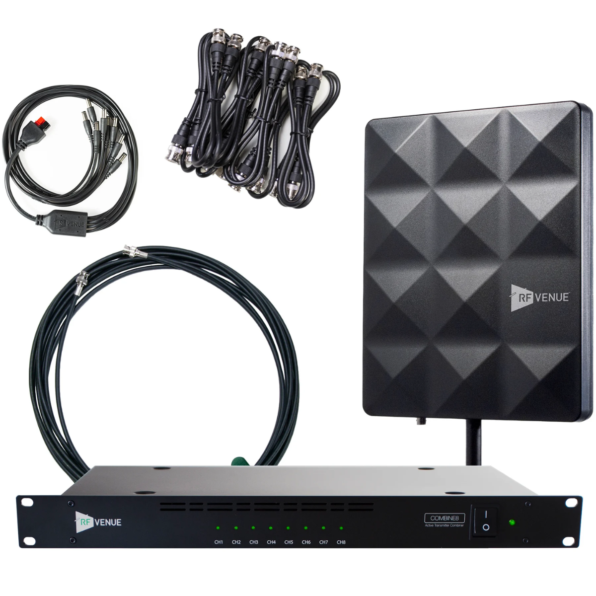 RF Venue COMB8CP-STAGE | 8-Channel IEM Combiner + CP Stage Antenna | Weather-Resistant Circular Polarization Bundle